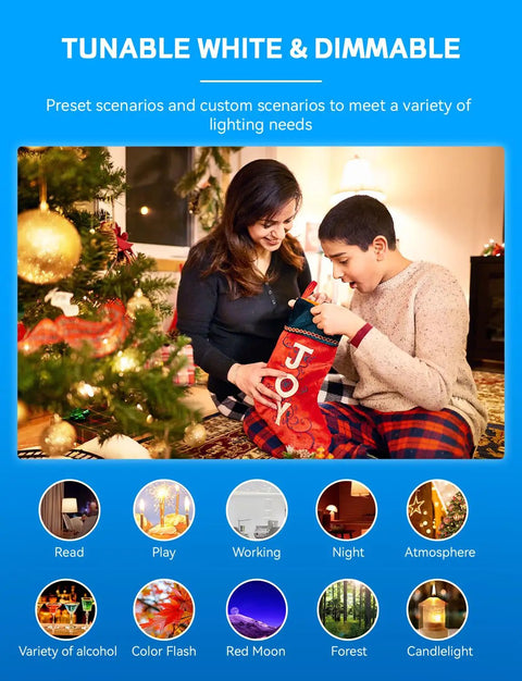 Mother and son with stocking by Christmas tree, showcasing Smart A19 E26 Color Changing LED Bulbs 60W Equivalent lighting