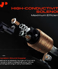 High-conductivity solenoid with precision-wound copper for maximum efficiency, shown in exploded view, ideal for reliable current delivery.