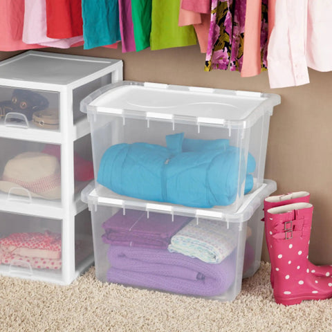 Prime 48 Quart Hinged Lid Storage Boxes 12 Pack Heavy Duty Plastic Totes Best for Garage Closets and Rooms Stackable with Tight Fitting Lids Perfect Stash Solution for All Your Gear