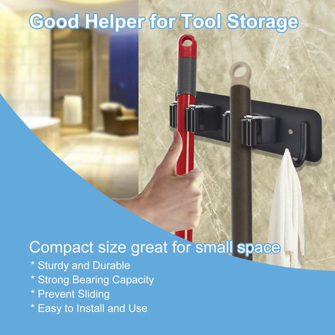 2 Pack Broom Holder Wall Mount With Anti Slip Mop Holder And Self Adhesive Stainless Steel Tool Storage Rack in use