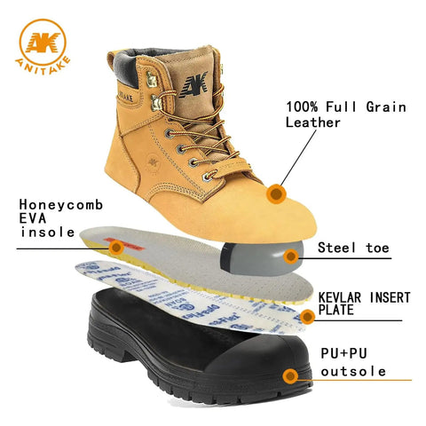 Cutaway view of Steel Toe Work Boots For Men 6 Inch Nubuck Leather Electrical Insulation showing components like steel toe, Kevlar midsole, PU+PU outsole