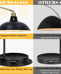 Comparison of arc floor lamp with marble base in black gold finish showing transparent lampshade vs closed lampshade.