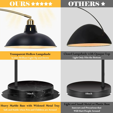 Comparison of arc floor lamp with marble base in black gold finish showing transparent lampshade vs closed lampshade.