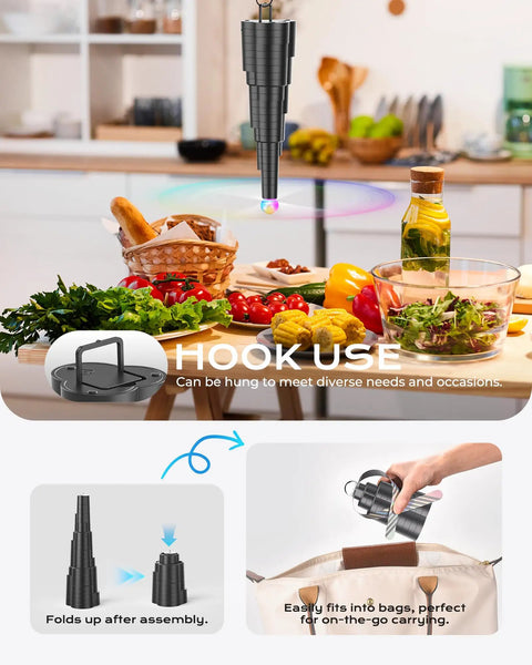 Tabletop Fly Fans With USB Type C Rechargeable Battery And Colorful LED Light Show over kitchen table setup.