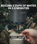 Ultralight Backpacking Stove With Portable Jet Burner For Propane Camp Cooking, Tiny But Mighty Gear, stainless steel shown boiling water outdoors