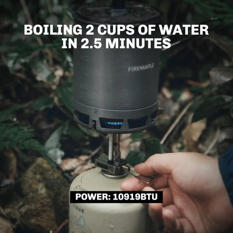 Ultralight Backpacking Stove With Portable Jet Burner For Propane Camp Cooking, Tiny But Mighty Gear, stainless steel shown boiling water outdoors