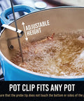 Candy Thermometer With Pot Clip For Deep Frying And Candy Making, Fast Accurate Readings That Prevent Burned Candy Or Overheated Oil, No Fuss Clip On Kitchen Thermometer For Frying And Candles, White, shown clipped to a pot with adjustable height.