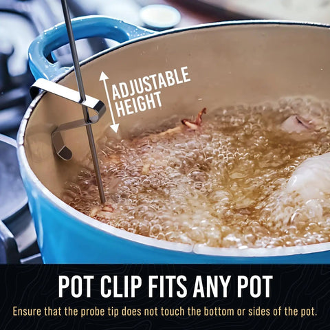 Candy Thermometer With Pot Clip For Deep Frying And Candy Making, Fast Accurate Readings That Prevent Burned Candy Or Overheated Oil, No Fuss Clip On Kitchen Thermometer For Frying And Candles, White, shown clipped to a pot with adjustable height.