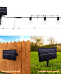 Diagram showing G40 Solar String Lights Outdoor 32Ft with 20 plus 2 shatterproof bulbs, IP65, mounted on wall and ground.