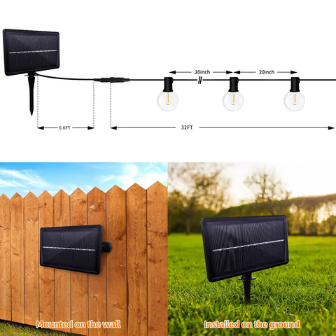 Diagram showing G40 Solar String Lights Outdoor 32Ft with 20 plus 2 shatterproof bulbs, IP65, mounted on wall and ground.