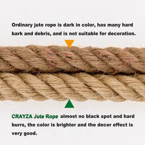 Comparison of dark ordinary jute rope with debris and cleaner, brighter jute rope; Heavy Duty Natural Jute Rope One Half Inch By 100 Feet For Crafts And DIY Projects, Braided Manila Rope Tough And Durable Ideal For Cat Scratching Posts Knots And Garden Use