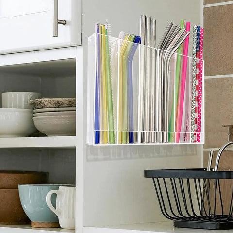 Adhesive Cabinet Door Mount Acrylic Straw Holder With Six Jumbo Compartments featuring colorful reusable straws organized on cabinet door.