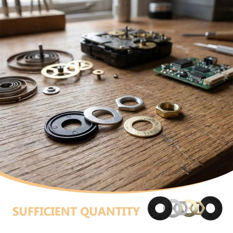 Quartz Clock Nut and Washer DIY Repair Kit 10 Sets With Metal and Rubber Components For Stable Performance, Precise Assembly, And Easy Wall Clock Mechanism Replacement on wooden table