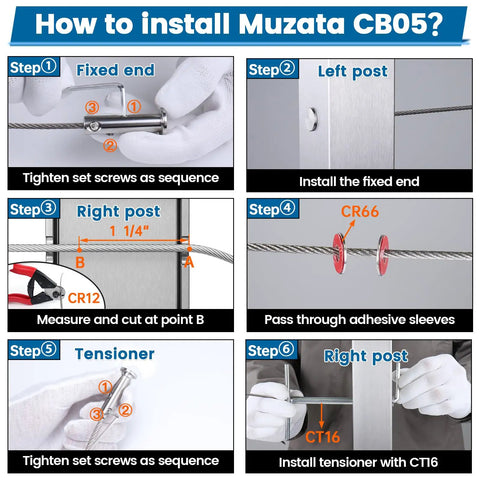 Instructions for installing Swageless Invisible Cable Railing Kit With 1/8 Inch Cable, T316 Stainless Steel Fittings CB05 on metal posts