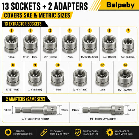 Heavy Duty Bolt Extractor Kit Featuring Internal Reverse Spiral Grip For Yanking Seized Rusted Stripped Nuts And Mangled Screws with 13 sockets and 2 adapters.