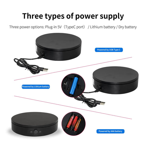 Foxvee 360 Degree Silent Rotating Display Stand Speed Adjustable Motorized Turntable Bidirectional Spinning Base For 3d Scan Product Photography With Triple Power Supply Black showing power supply options.