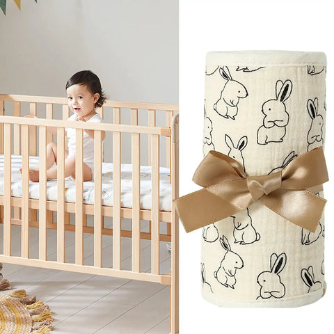 Breathable Cotton Gauze Bed Rail Teething Protector For Baby Crib Sides Friction Reducing Guard, beige with rabbit pattern.