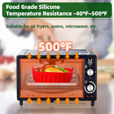 2 Pack Air Fryer Silicone Liners Reusable Liners For 5 Qt And Up inside an oven showing 500F heat resistance