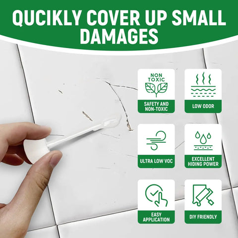 Tub And Tile Touch Up Paint Kit In High Gloss White For Scratches And Chips On Tubs Tiles Sinks Toilets And Fiberglass being applied to a cracked tile with product features listed.