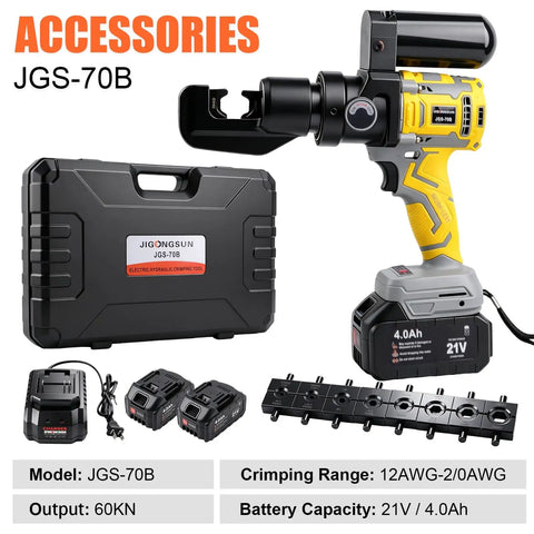 Battery Powered Hydraulic Crimping Tool With 8 Ton Force, Sick Electric Cable Crimper Kit Featuring Nine Die Sets For 12 AWG To 2/0 AWG Lugs, tool and battery with case and accessories.