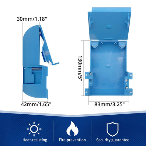 Hassle Free Blue Single Gang Old Work Electrical Outlet Box With Adjustable Flange Rock Solid Pvc Junction Housing For Existing Walls Smooth Sail Go To Kit dimensions displayed from multiple angles.