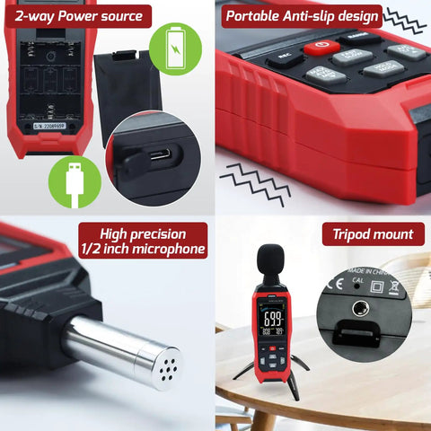 Sound Level Data Logger With Real Time Decibel Readouts 30 To 130 dB Range shown with microphone and tripod mount features