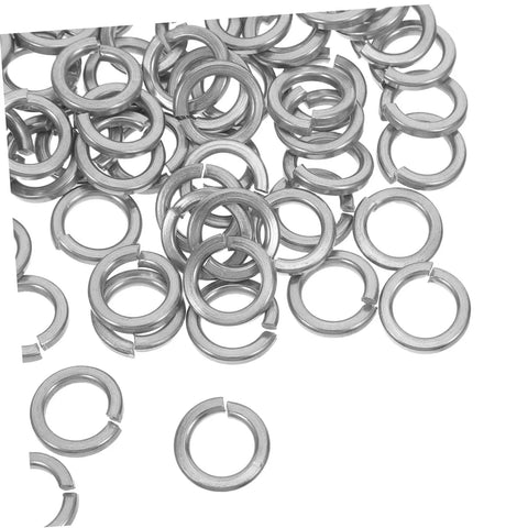 100 Count Stainless Steel Split Lock Washers M10 Spring Deck Fasteners on a white background, showcasing rust-resistant material.