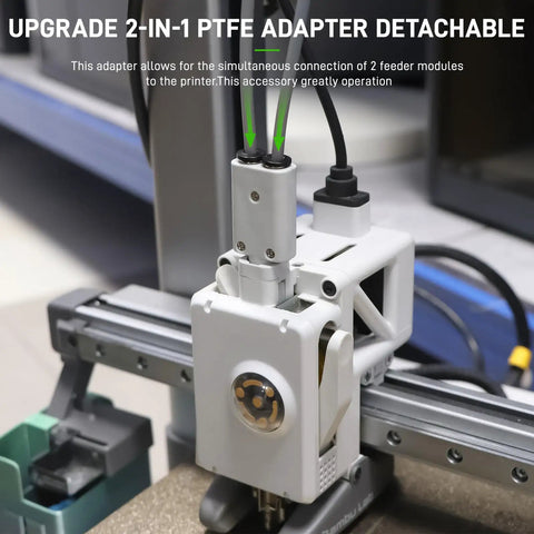 Detachable 2 In 1 PTFE Adapter For Bambu Lab A1 A1 Mini 3D Printers connected to printer with dual filament pathways.