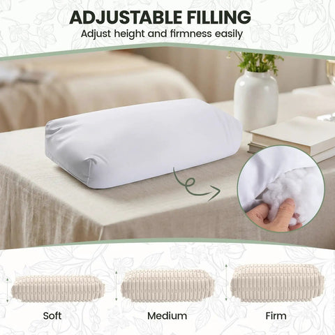 Adjustable Neck Pillow For Recliners And Couches, Non-Slip Weighted Flap Headrest With Soft Corduroy Cover on table, showing fill options