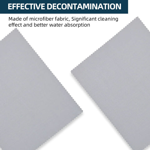 Microfiber cleaning cloths, two light gray pieces with zigzag edges.