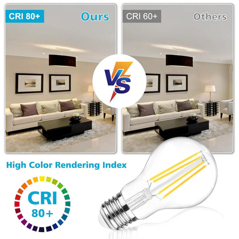 Comparison of living room lighting with 60W Equivalent E26 LED Filament Bulbs Daylight 4000K Non Dimmable A19 Glass Clear, 6 Pack
