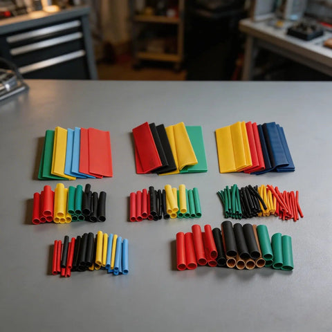 Massive 164 Piece Heat Shrink Tubing Kit With Polyolefin Wire Sleeves Electric Insulation In 5 Vibrant Colors Perfect For All Your Wiring Repairs And Diy Electrical Projects To Keep Your Connections Safe And Secure, assorted sizes laid out