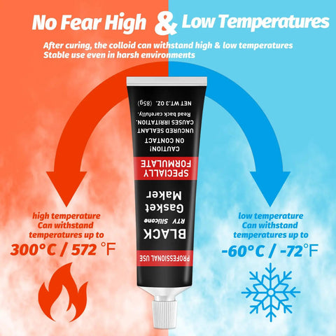 Tube of Black RTV Silicone Gasket Maker with temp range -60°C to 300°C, suitable for high and low temperatures
