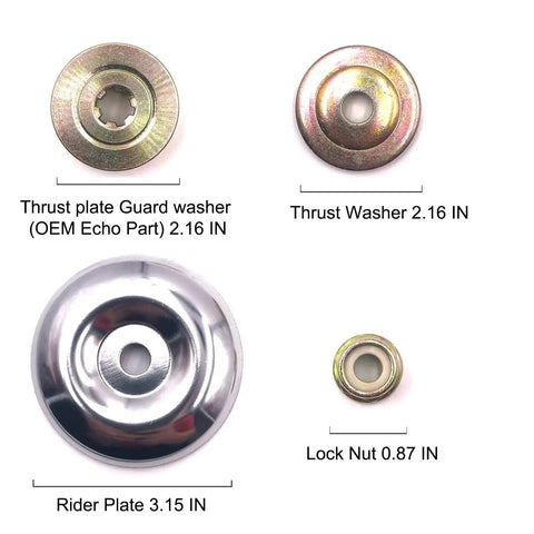 Trimmer Blade Adapter Kit With 6 Steel Razors, Thrust Plate Guard Washer, Thrust Washer, Rider Plate, Lock Nut displayed on white background.