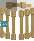 6 Pack Child Safety Strap Locks In Golden Beige For Cabinets, Drawers, Appliances, Furniture And Fridge, Easy Install With Quick 3M Adhesive
