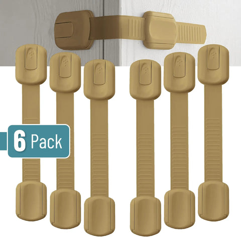 6 Pack Child Safety Strap Locks In Golden Beige For Cabinets, Drawers, Appliances, Furniture And Fridge, Easy Install With Quick 3M Adhesive