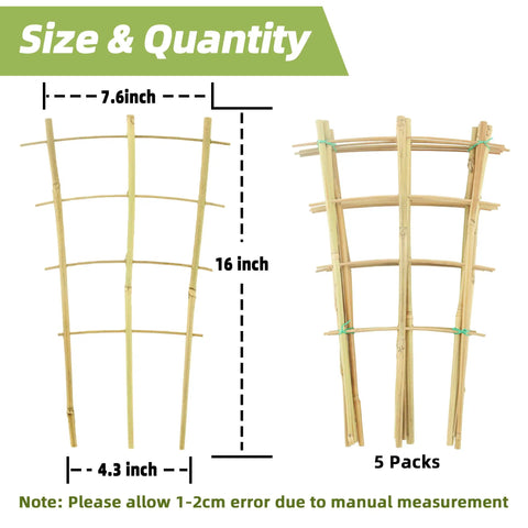 Five Pack 16 Inch Bamboo Trellis For Climbing Plants With Natural Garden Ladder Fan Style Support dimensions illustration