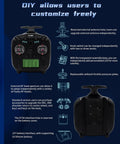 FS ST8 2.4GHz RC Transmitter with FS SR8 Receiver featuring customizable controls and transparent assembly base.