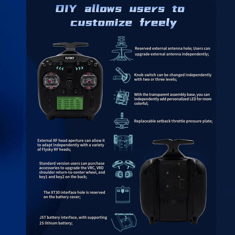 FS ST8 2.4GHz RC Transmitter with FS SR8 Receiver featuring customizable controls and transparent assembly base.