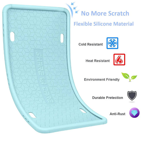 Flexible silicone license plate frame emphasizing scratch resistance, durability, and eco-friendliness with visual icons.