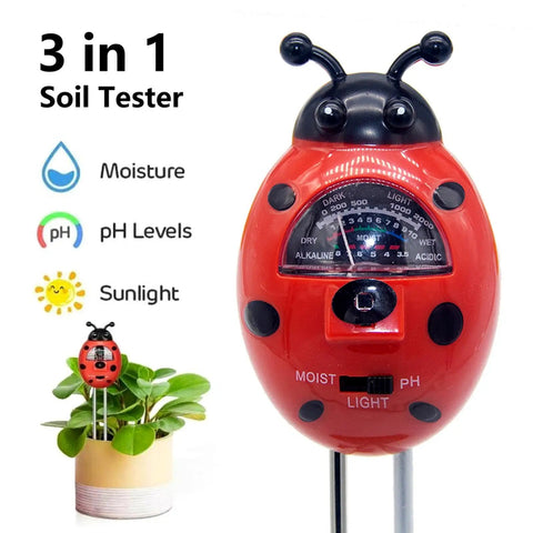 Ladybug Shaped 3 in 1 Soil Tester for Moisture pH and Sunlight Levels with plant illustration, no battery needed