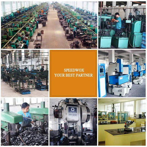 Collage of industrial workshop with machinery and workers, "Speedwox Your Best Partner" text in center square