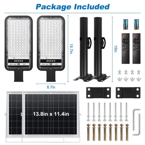 Package contents of Lit Two Light Set 100W Solar Street Lights With Motion Sensor, including panels, mounts, and hardware