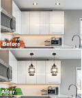 Before and after image of a kitchen featuring the conversion kit, transforming ceiling cans into stylish pendant lights.