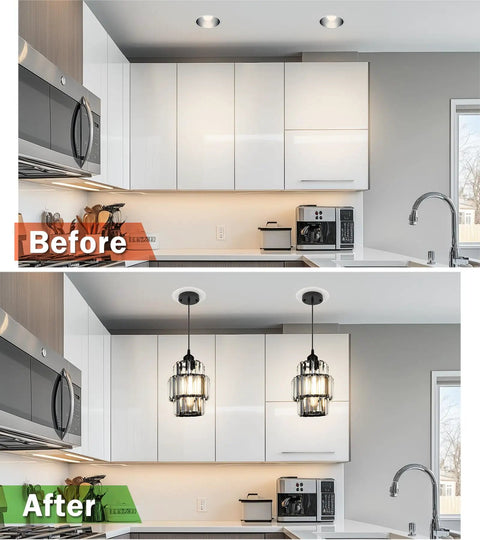 Before and after image of a kitchen featuring the conversion kit, transforming ceiling cans into stylish pendant lights.