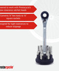 Heavy Duty Low Profile 1/4 Hex To 1/4 Square Socket Adapter Hardened S2 Steel Nickel Plated Finish with multiple tool attachments.