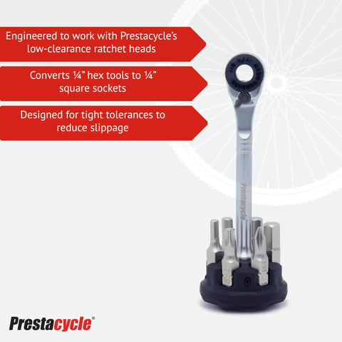 Heavy Duty Low Profile 1/4 Hex To 1/4 Square Socket Adapter Hardened S2 Steel Nickel Plated Finish with multiple tool attachments.