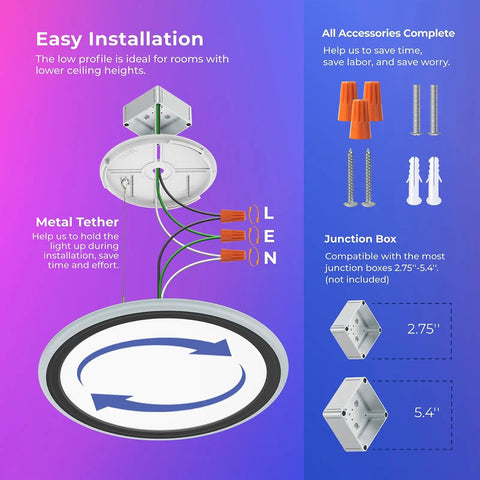 Diagram of Dope RGB LED Flush Mount Ceiling Light With Remote Control installation showing wiring, metal tether, and junction box compatibility.