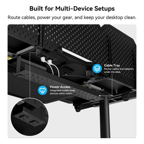 Modular Electric Standing Desk Featuring Expandable L Shaped Layout For Makers And Tech Crews. Cable management and power access details.