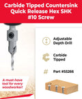 Carbide Tipped Countersink Drill Bit With 82 Degree Countersink, Three Eighths Inch Diameter, One Quarter Inch Quick Release Hex Shank for woodworking displayed with adjustable depth feature.